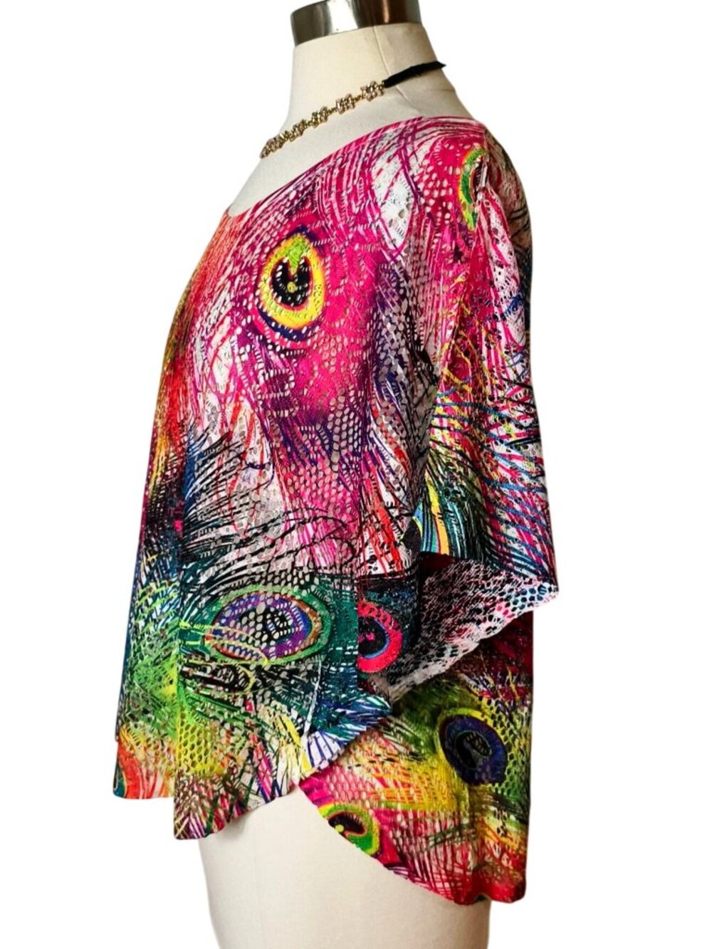 Dots Womens XL Kaftan Top Peacock Feather Print Loose Fit Lightweight Festive - Picture 2 of 6